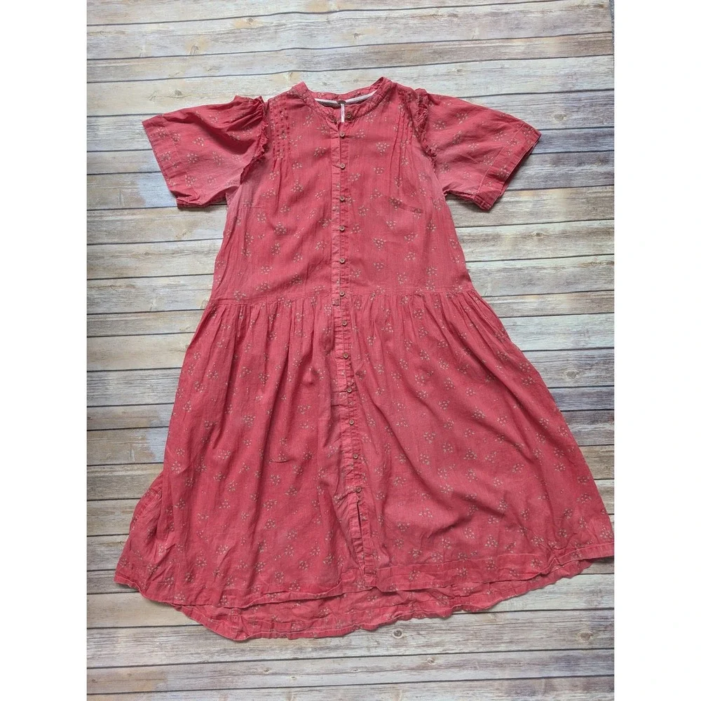 Free People Midi Dress Women Large Cotton Red Floral Ruffle Button Front Boho